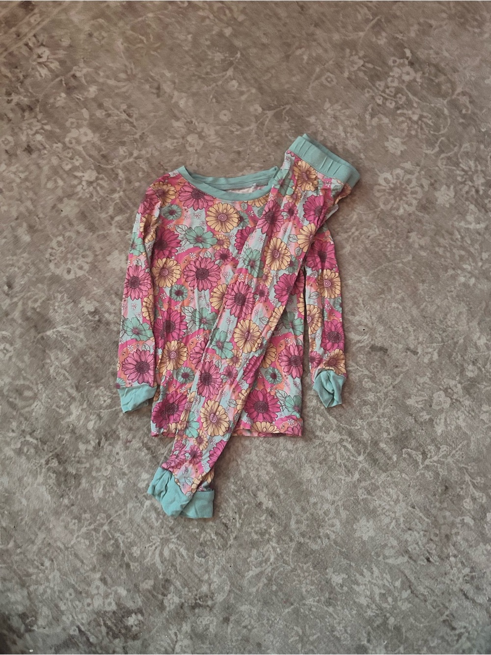 Bamboo Floral Girls' Pajama Set - Pink & Aqua Flower Print 3T-4T